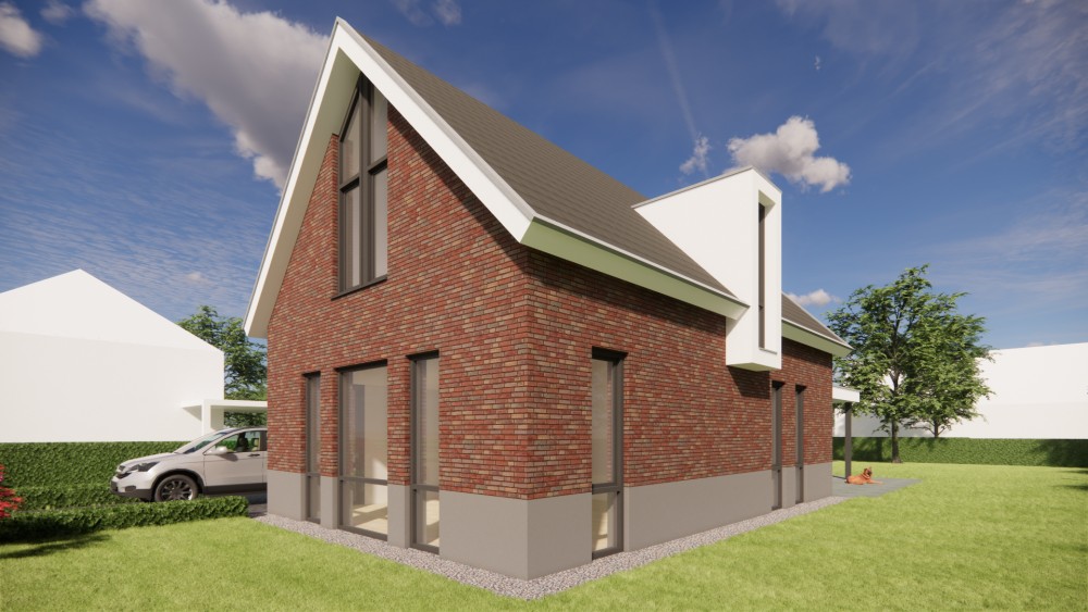 Afbeelding van Vrijstaande moderne woning met rood metselwerk en zadeldak met gegolfde dakpannen - 7b42fe5a-8dd0-4f85-a1c9-40271e30c742