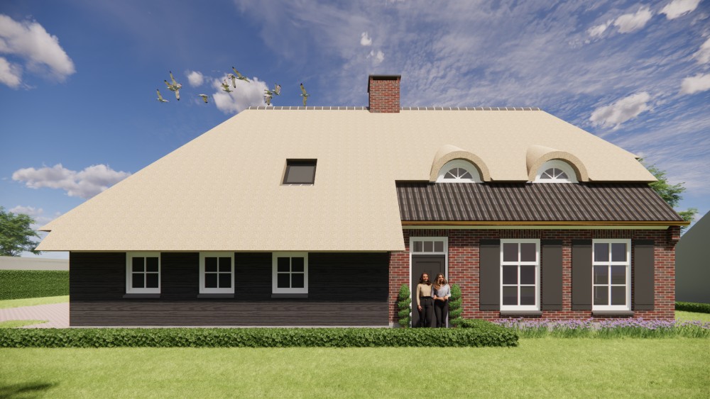 3D Render van landelijke boerderijwoning met rieten dak en metselwerkgevels 7