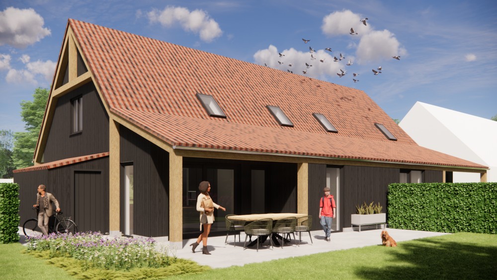 Afbeelding van Moderne schuurwoning met hout, gegolfde dakpannen en houten balken buiten - e677feed-e622-4062-bfdf-191ccbab3633