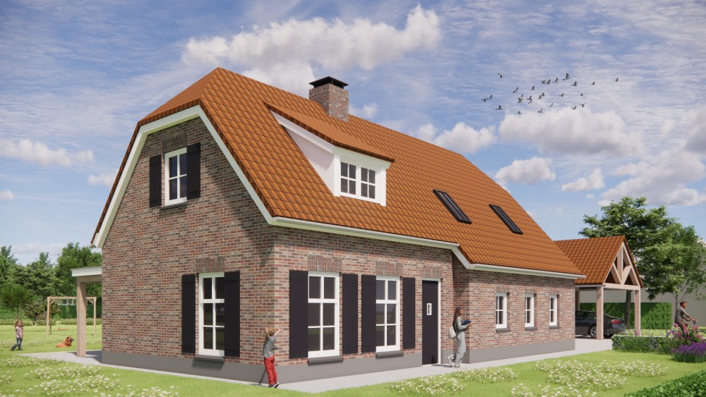 Afbeelding van Boerderijwoning met rood gegolfd wolfsdak, witte dakranden en bakstenen gevel - f22eee79-03e0-471b-b9b5-37126a16af3d
