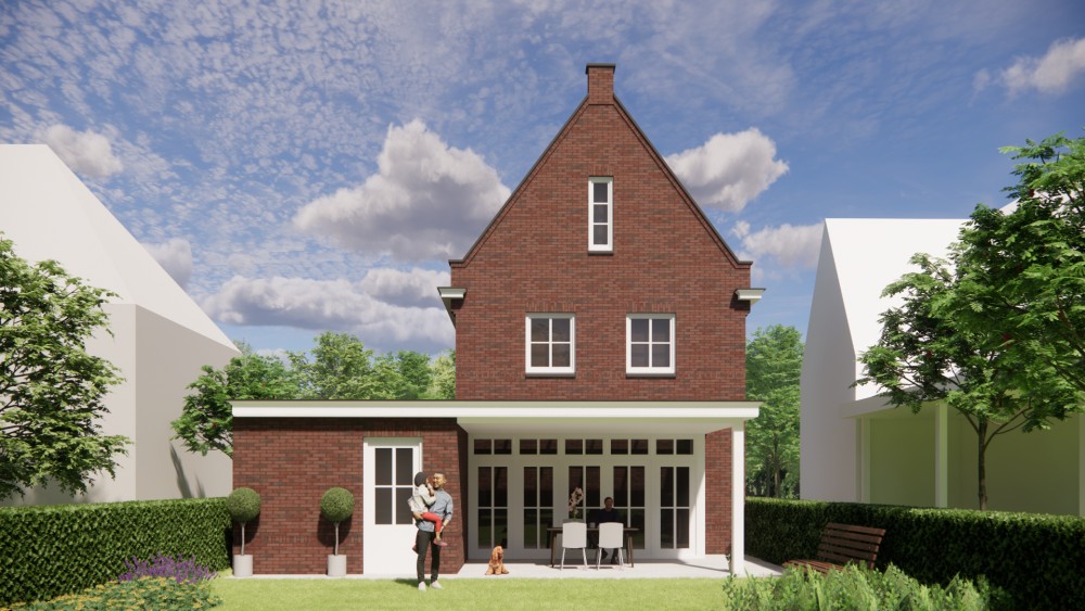 3D Render van vrijstaande jaren 30 woning met metselwerk, erker en zadeldak met gegolfde dakpannen 6