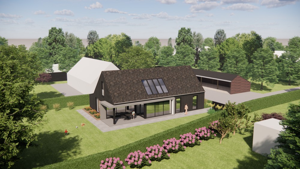 3D Render van schuurwoning met houten gevels en zadeldak met gegolfde dakpannen 10