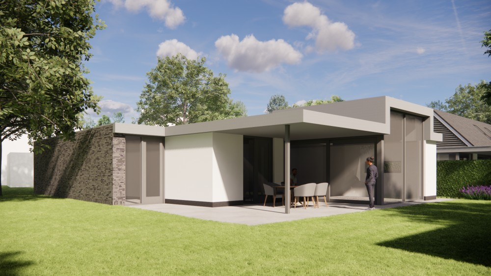 3D Render van vrijstaande kubistische woning met pleisterwerk en plat dak 8