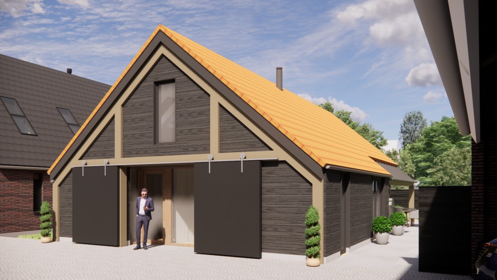Afbeelding van Vrijstaande schuurwoning met houten gevel, zadeldak met vlakke dakpannen en overdekte entree - 68a113fc-7bc2-4630-9f56-0b4bb4d73e05
