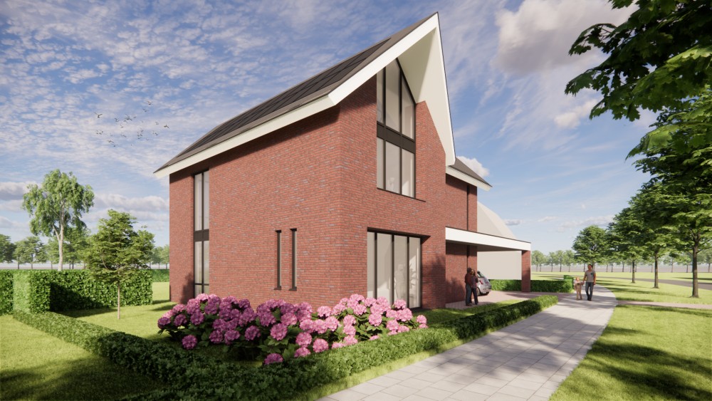 Afbeelding van Strakke baksteenarchitectuur met zadeldak en schuine dak overstek - c07a714d-070b-4ec2-8bd1-0808acb6ce37