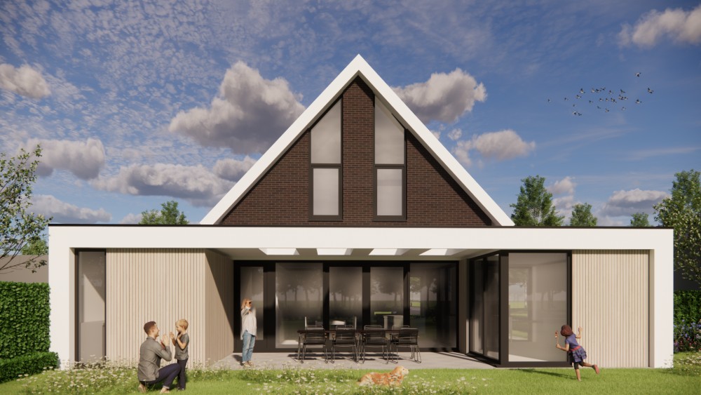 3D Render van eigentijdse woning met metselwerk gevel, houten accenten en markant zadeldak 5