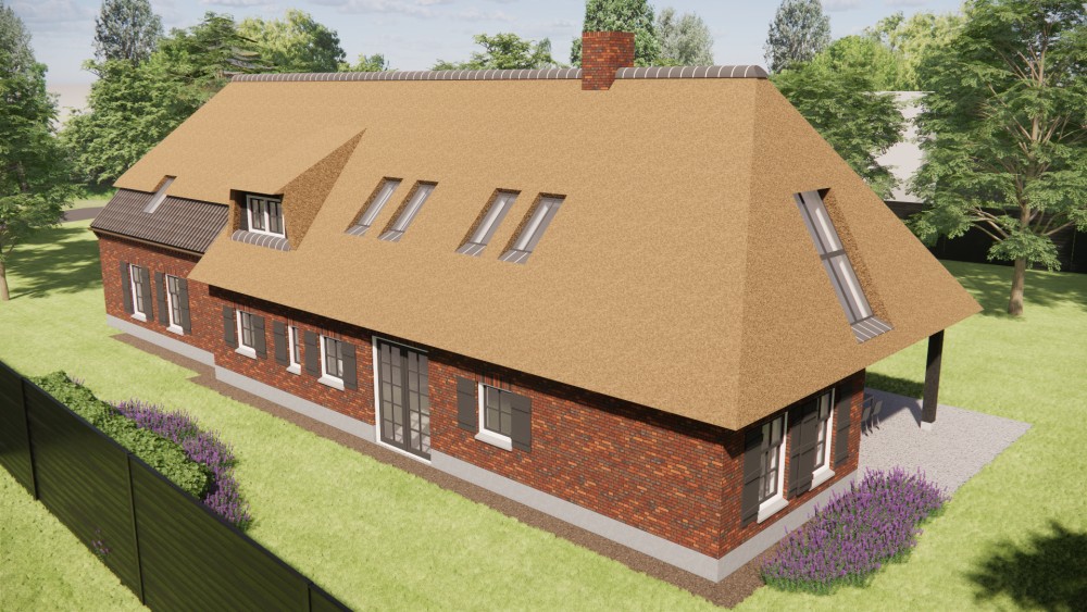 3D Render van rietgedekte landelijke woning met rood metselwerk en houten accenten 8