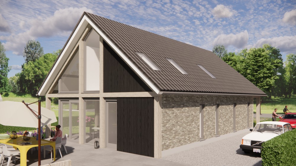 3D Render van vrijstaande schuurwoning met houten gevel, hoekkozijnen en overkapt terras 6