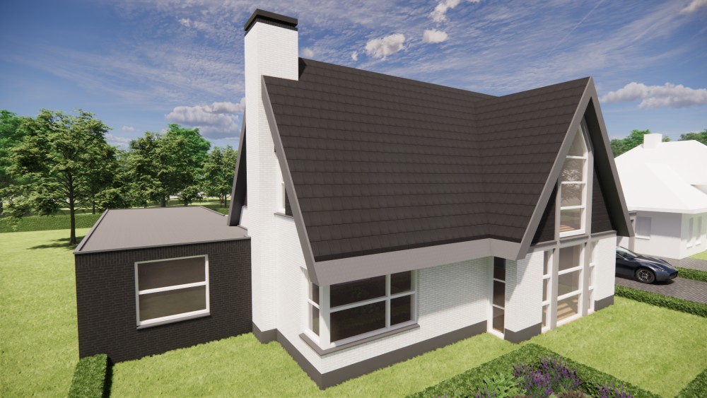 Afbeelding van Vrijstaande moderne woning met wit en zwart metselwerk en zadeldak met vlakke dakpannen - 40c39286-de74-4628-a76a-67b0f376ebe7