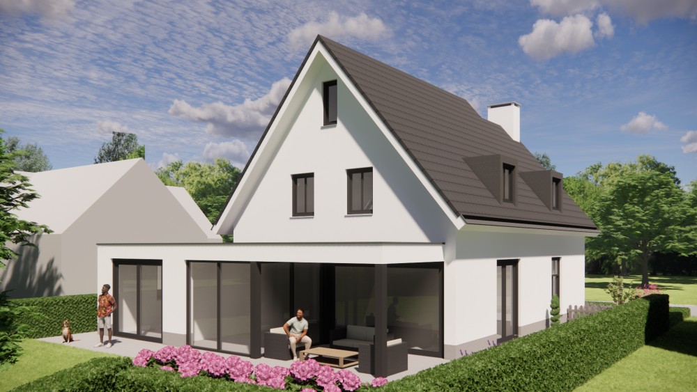 Afbeelding van Gepleisterde gezinswoning met zadeldak, houten kozijnen en ingetogen detaillering - 3180c423-e2ea-4aef-9f0c-c2dca6fd1729