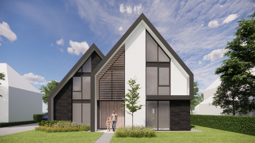 3D Render van eigentijdse villa met metselwerk gevels en zadeldak met vlakke dakpannen 4