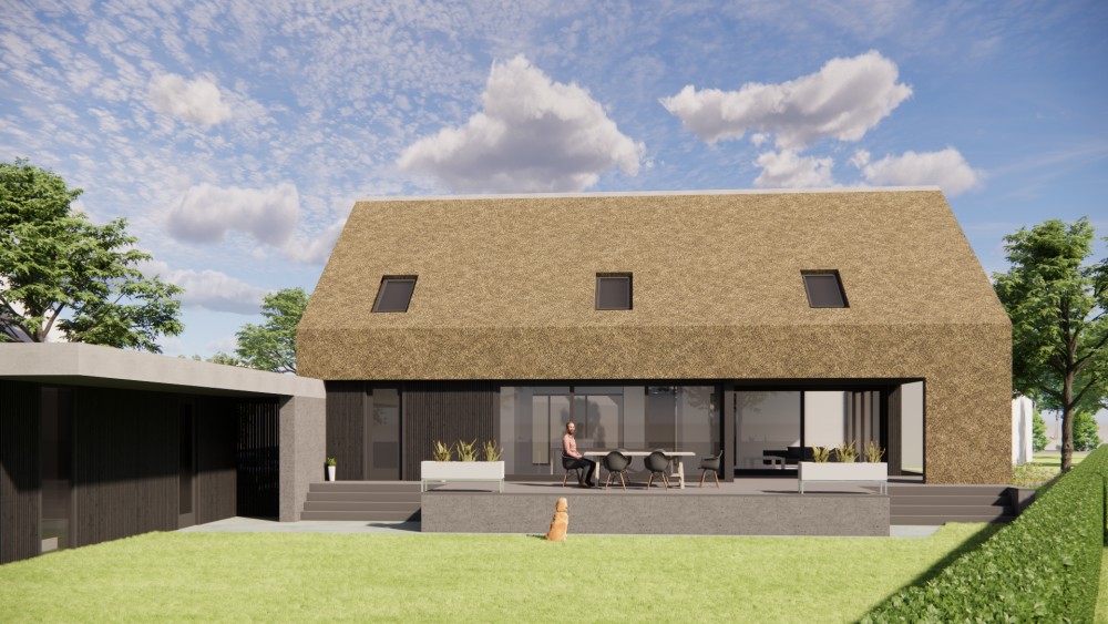 3D Render van moderne schuurwoning met rieten zadeldak en houten gevels 9