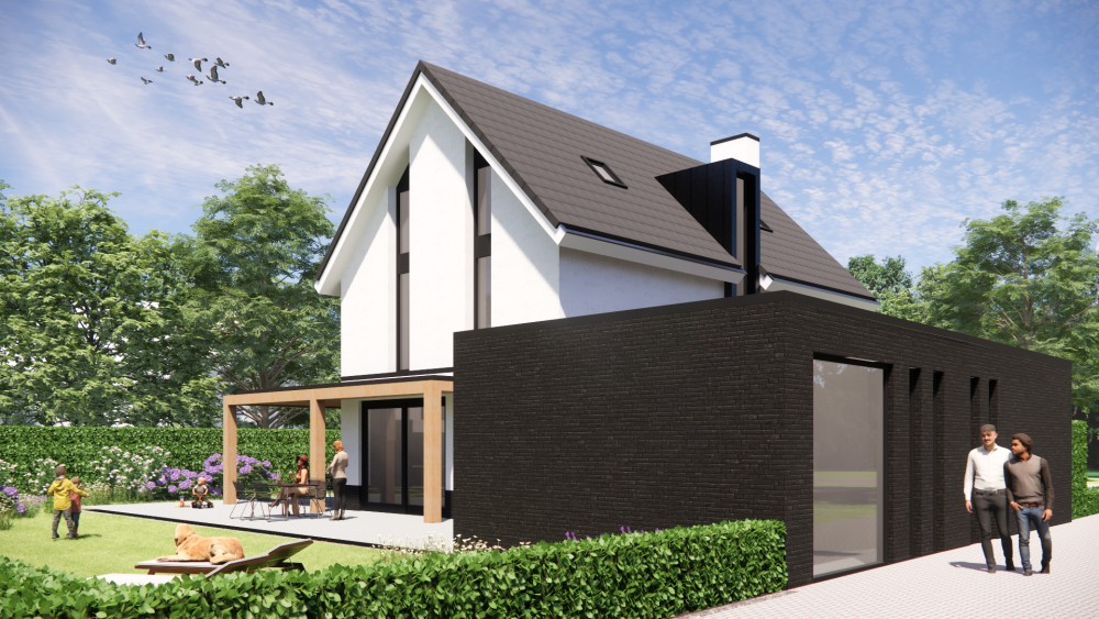 3D Render van moderne woning met strak pleisterwerk, houten accenten en royale overstekken 6
