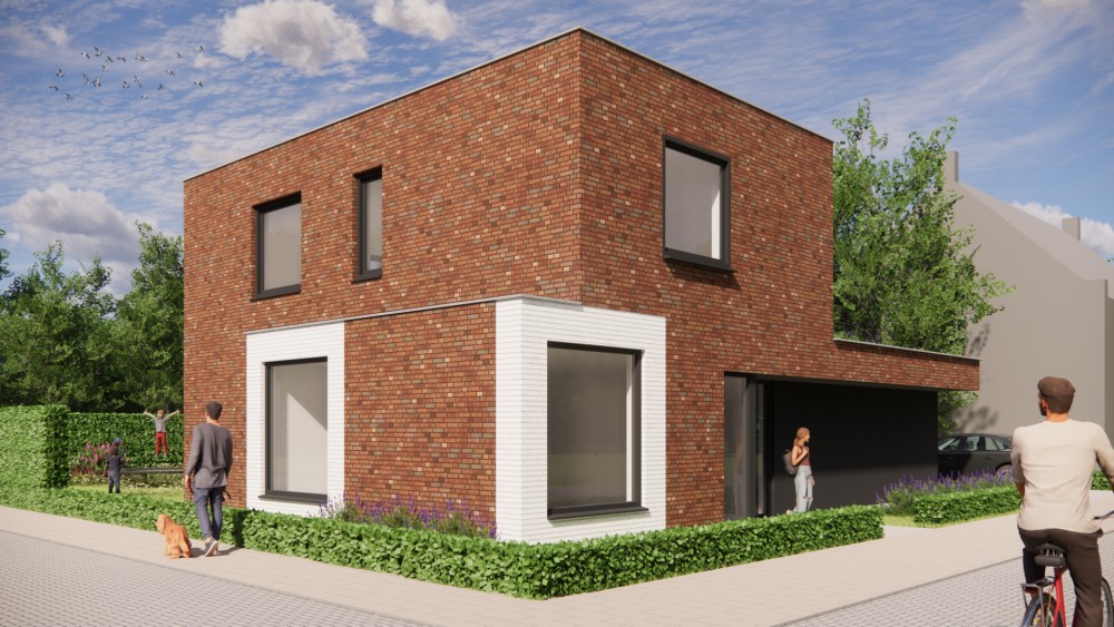 Afbeelding van Kubistische woning in rood metselwerk met witte accenten - ce5acc2d-7baa-475e-9f36-d9b90765dbe0
