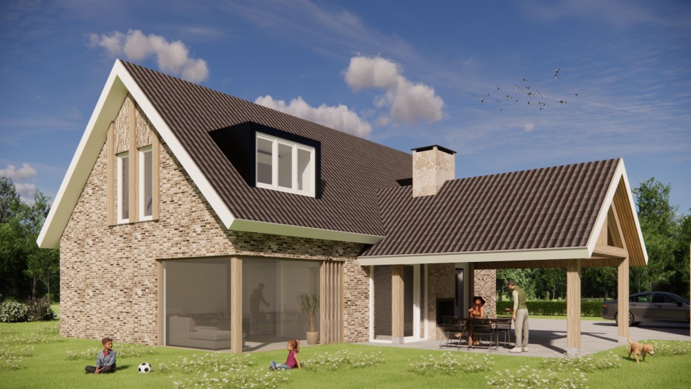 Afbeelding van Moderne woning met zadeldak, metselwerk en gegolfde dakpannen - b837e8ab-3f4a-40ad-8e47-d6991180c2a0