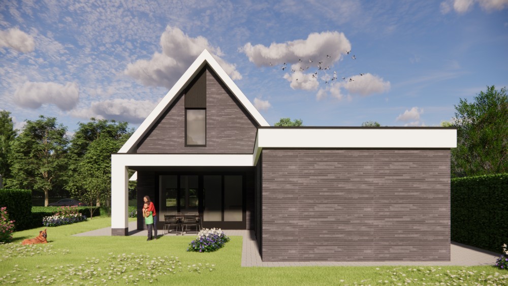 3D Render van moderne woning met metselwerk gevel, hoekkozijn en overkapt terras 6