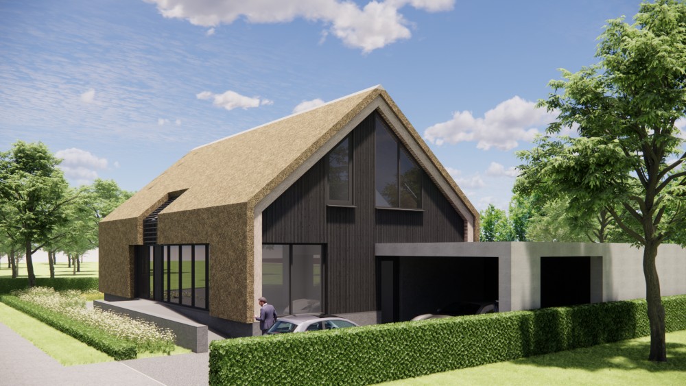 3D Render van moderne schuurwoning met rieten zadeldak en houten gevels 8