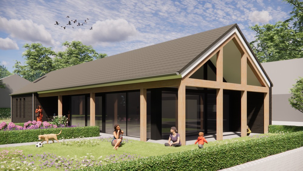 3D Render van schuurwoning met vlakke dakpan, houten details en landelijke setting 4