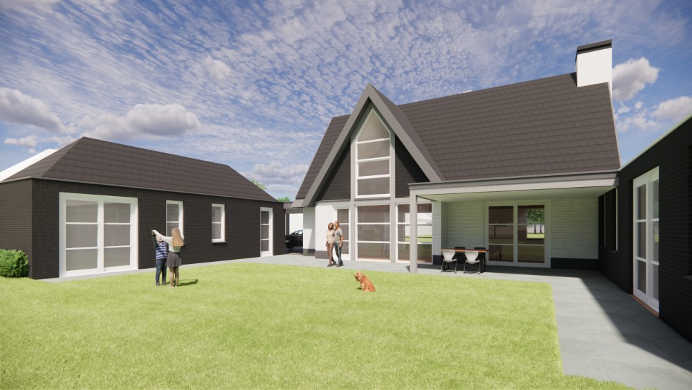 3D Render van vrijstaande moderne woning met wit en zwart metselwerk en zadeldak met vlakke dakpannen 6