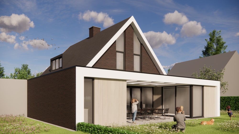 3D Render van eigentijdse woning met metselwerk gevel, houten accenten en markant zadeldak 4