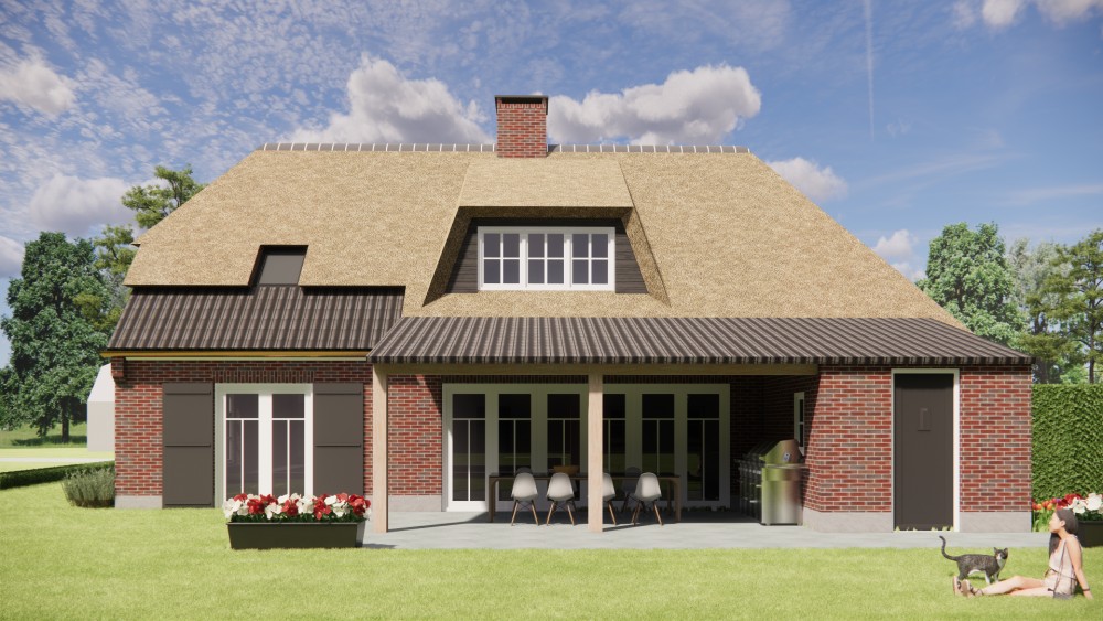 3D Render van landelijke boerderijwoning met rieten dak en metselwerkgevels 9