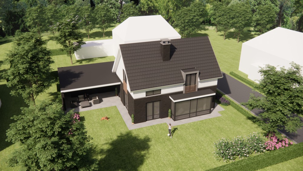 3D Render van vrijstaande eigentijdse woning met metselwerkgevel en zadeldak met vlakke dakpannen 10