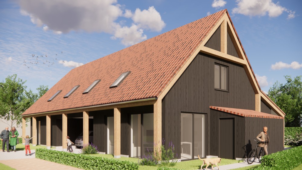 Afbeelding van Moderne schuurwoning met hout, gegolfde dakpannen en houten balken buiten - e677feed-e622-4062-bfdf-191ccbab3633