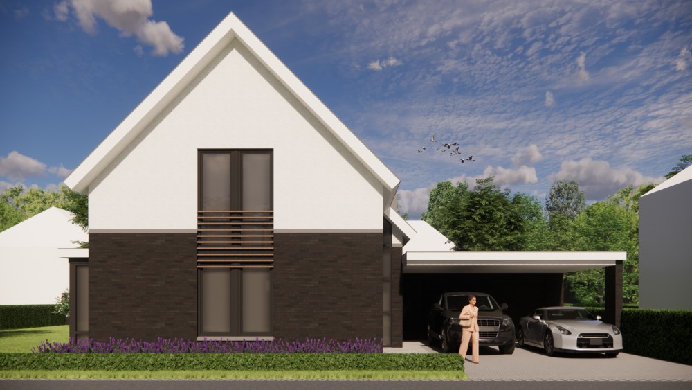 3D Render van vrijstaande eigentijdse woning met metselwerkgevel en zadeldak met vlakke dakpannen 4