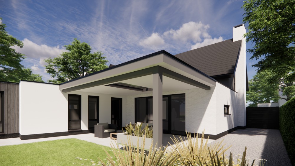 3D Render van vrijstaande moderne woning met wit gekeimd metselwerk, zadeldak met vlakke dakpan en houtaccenten 6