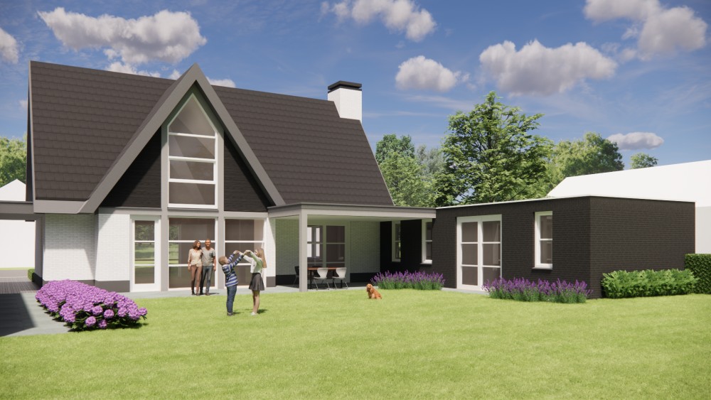 3D Render van vrijstaande moderne woning met wit en zwart metselwerk en zadeldak met vlakke dakpannen 7