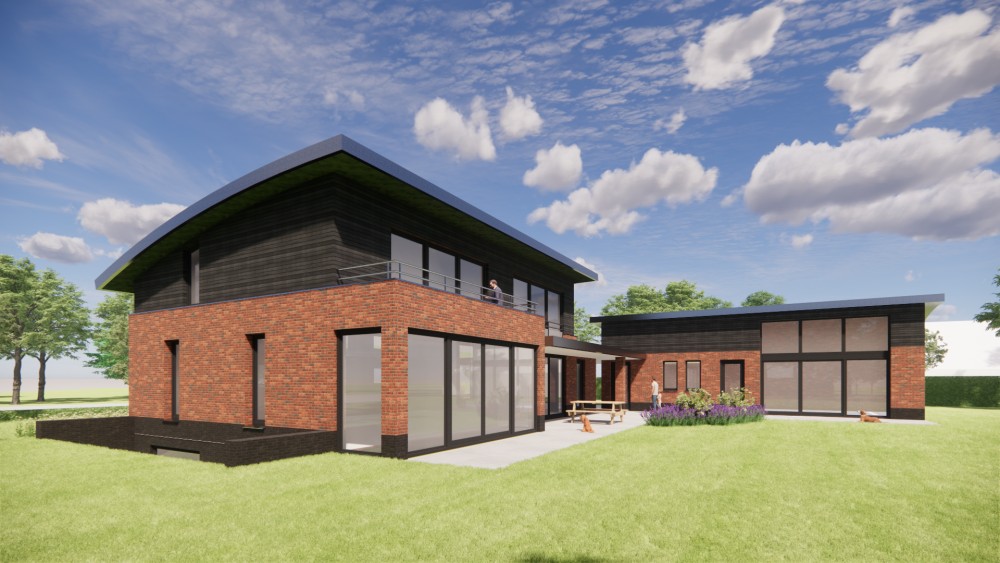 Afbeelding van Eigentijdse vrijstaande woning met gebogen groendak, metselwerkgevels en houten accenten - d2dfbc5b-dd6d-4dfd-854b-f9e5bef2e534