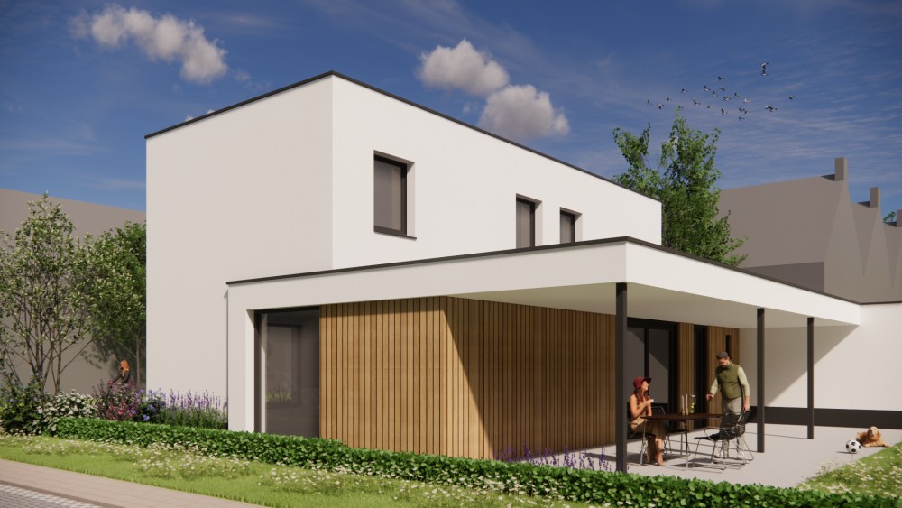 Afbeelding van Kubistische woning met witte gevels, houten accenten en strak vormgegeven carport - 0c4f3583-5f3c-44c4-9c6d-f6e9662006f8