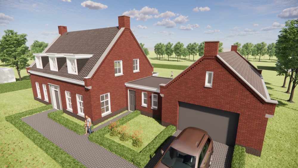 3D Render van traditionele notariswoning met metselwerk gevels, zadeldak en erker 5