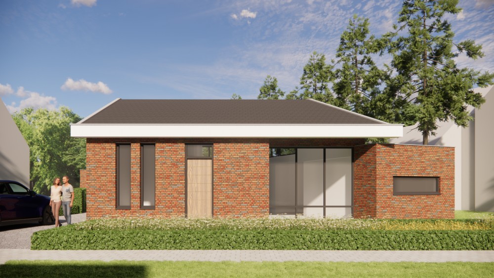 3D Render van moderne vrijstaande woning in metselwerk met lessenaarsdak met vlakke dakpannen en verholen dakgoot 7