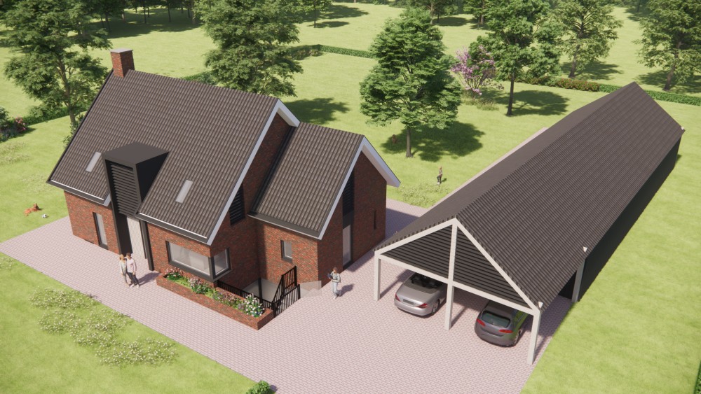 3D Render van landelijk-modern woonhuis met metselwerk, houten balken en gegolfd zadeldak 7