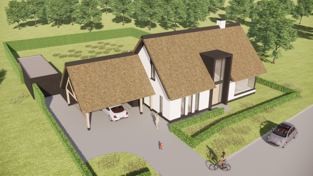 3D Render van landelijke woning met rieten kap, witte gevels en houten accenten 7