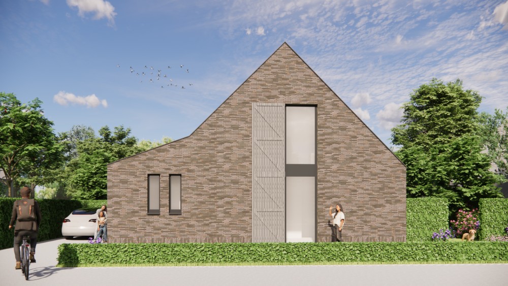3D Render van schuurwoning met vlakke dakpannen, houten luiken en metselwerkgevels 6