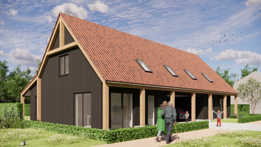 Afbeelding van Moderne schuurwoning met hout, gegolfde dakpannen en houten balken buiten - e677feed-e622-4062-bfdf-191ccbab3633