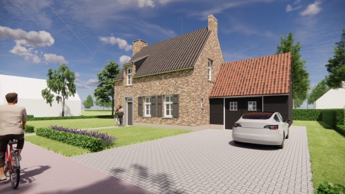 Afbeelding van Kempisch woonhuis met metselwerk gevel en zwarte aanbouw met rode dakpannen - 6c97d45f-f7f4-4ea5-a085-704e0d99673a