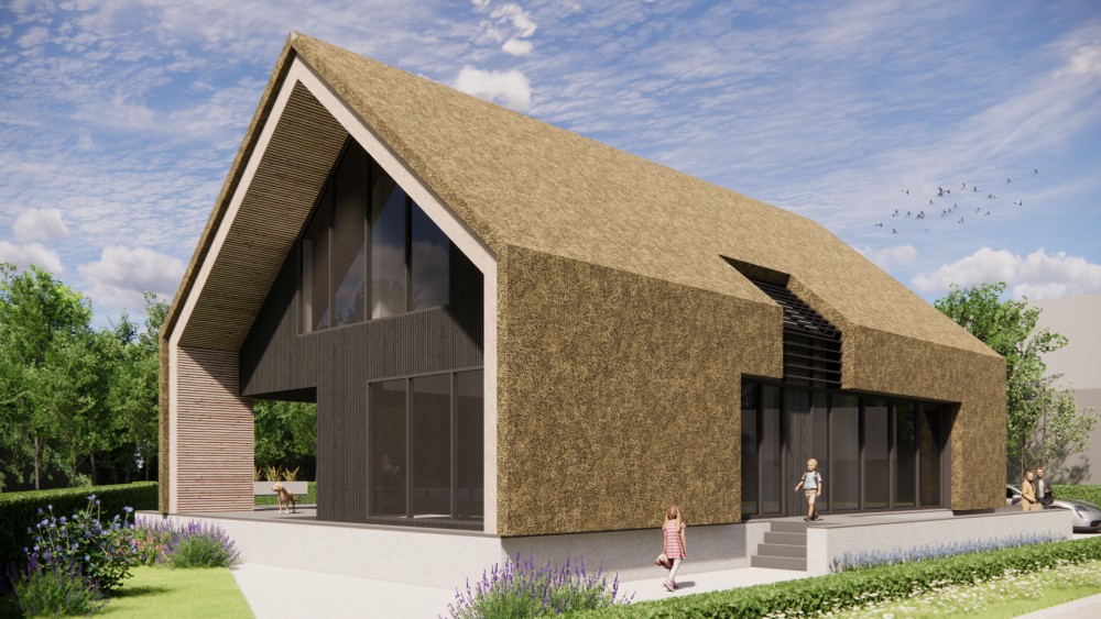 Afbeelding van Moderne schuurwoning met rieten zadeldak en houten gevels - e3d9682a-ffd3-47d6-8717-ac548a74fbd5