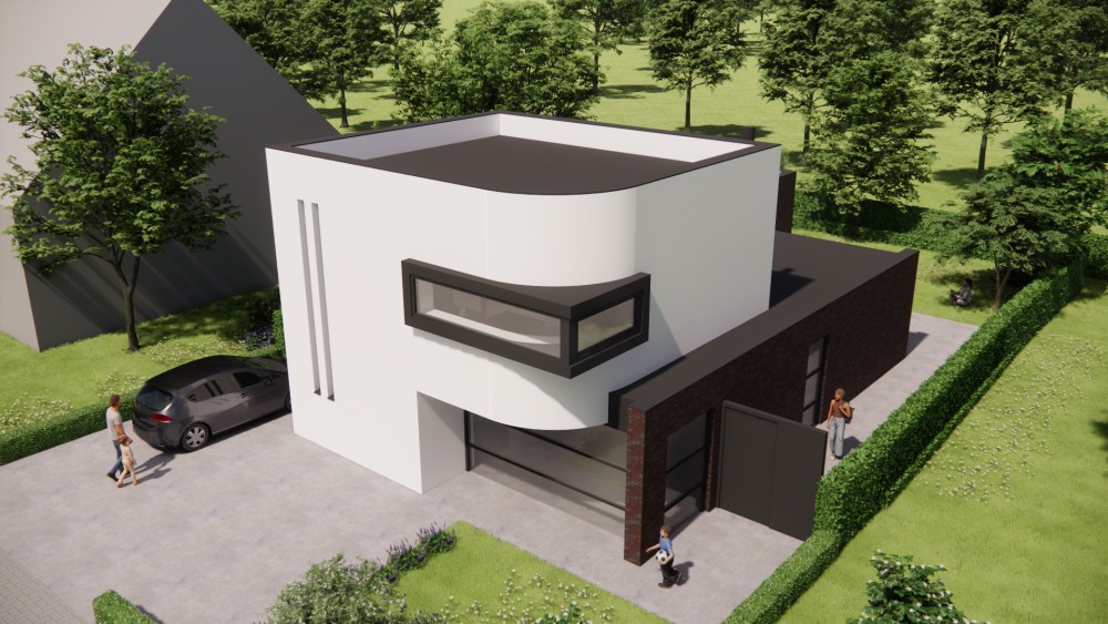 3D Render van kubuswoning met wit pleisterwerk en afgeronde hoekpartij 6