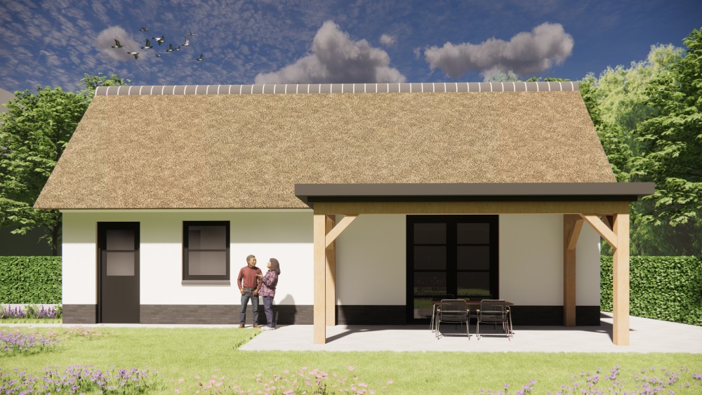 3D Render van landelijke villa met rieten wolfsdak en witgepleisterde gevels 7