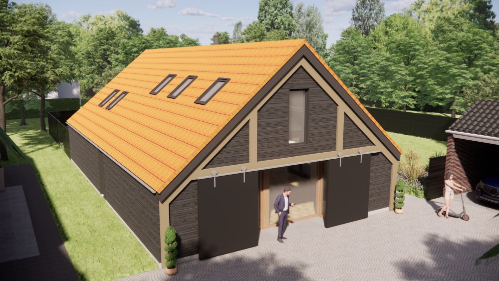 3D Render van vrijstaande schuurwoning met houten gevel, zadeldak met vlakke dakpannen en overdekte entree 7