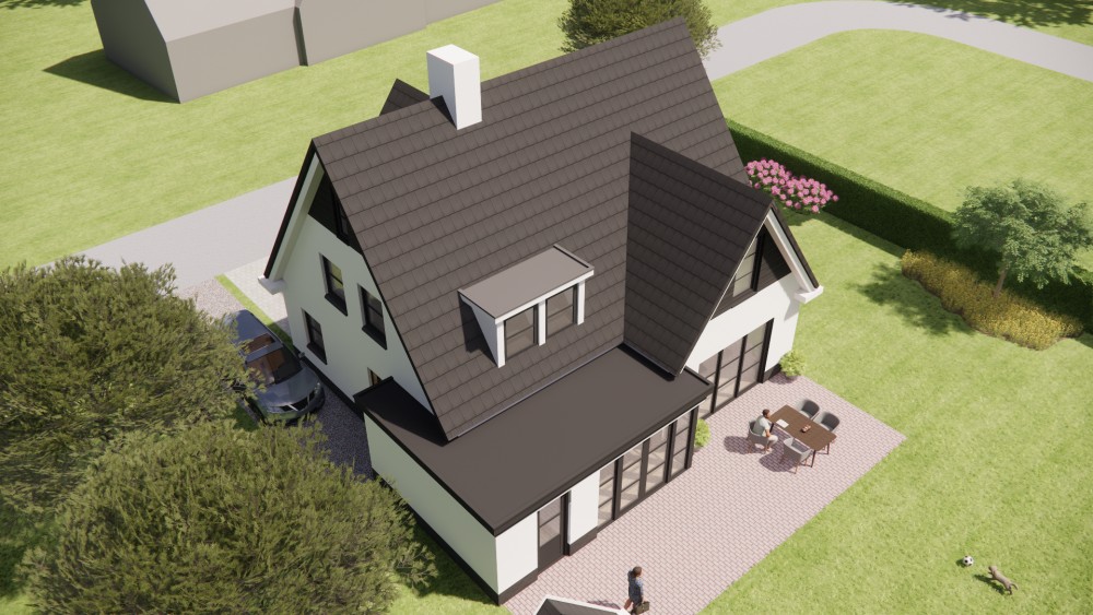 3D Render van moderne woning met gekeimd metselwerk en zadeldak van 9 meter hoog 10