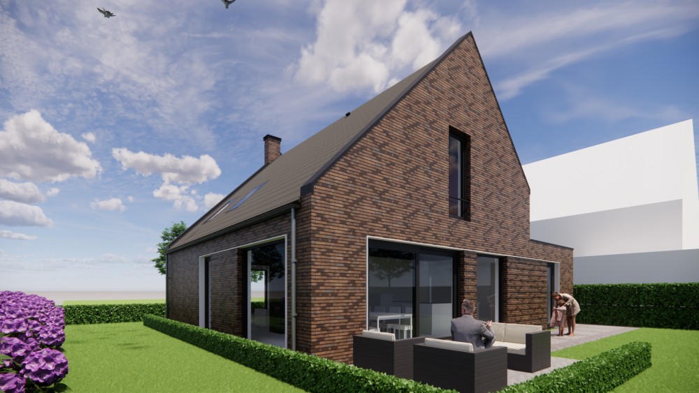 Afbeelding van Moderne woning met zadeldak, metselwerk gevels en markante schoorsteen - c4767578-32b9-49d9-945d-adefd13c7825