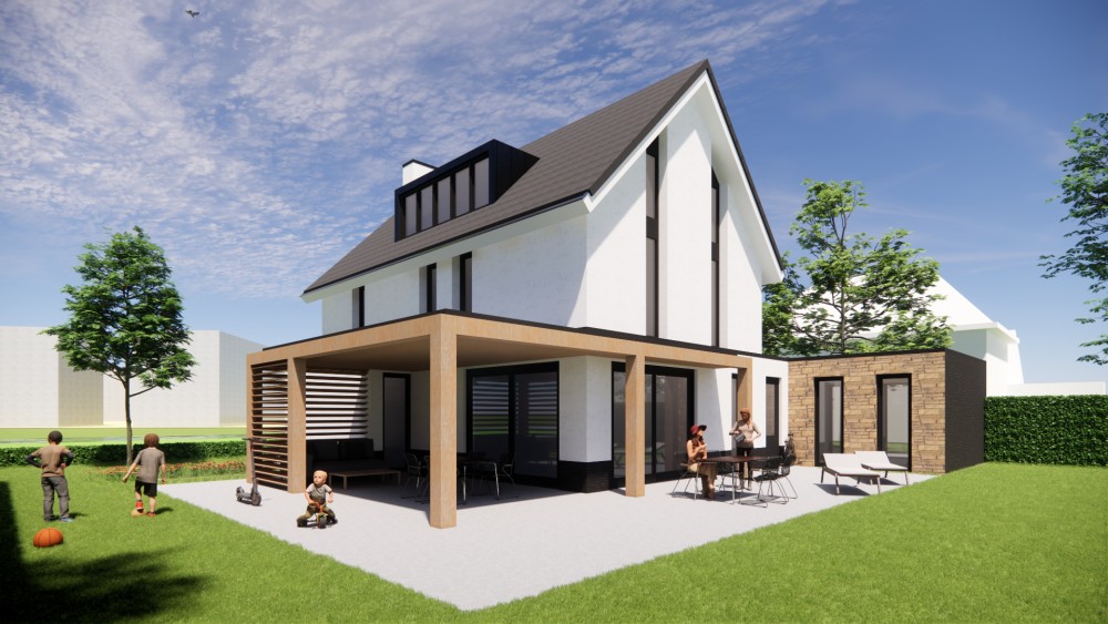 Afbeelding van Moderne woning met strak pleisterwerk, houten accenten en royale overstekken - 45e8d890-0267-433f-9103-3af32fb8a6d1