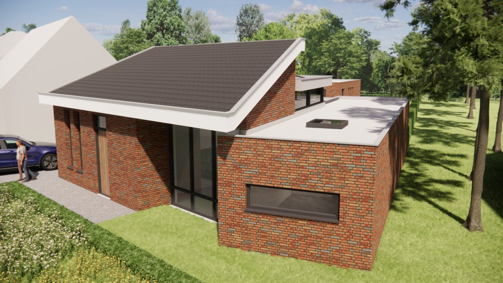 3D Render van moderne vrijstaande woning in metselwerk met lessenaarsdak met vlakke dakpannen en verholen dakgoot 9