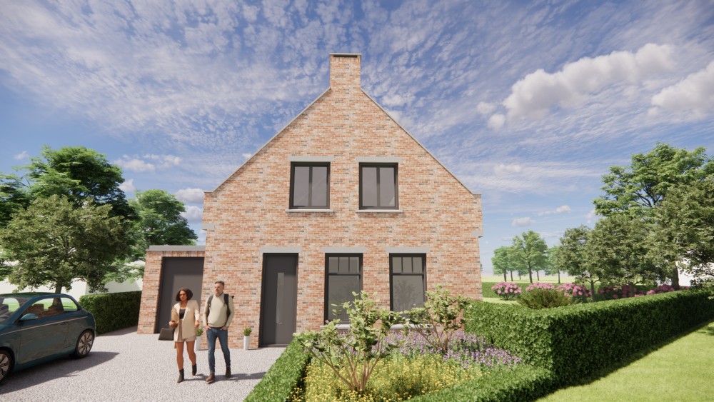 3D Render van vrijstaande Kempische woning in metselwerk met zadeldak en gegolfde dakpannen 5
