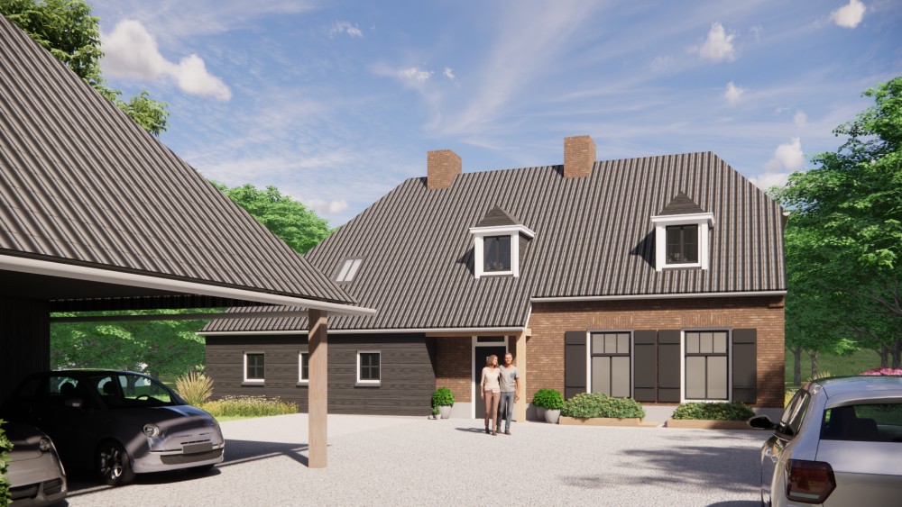 3D Render van landelijke boerderijwoning in metselwerk met wolfsdak met gegolfde dakpannen en houten accenten 8