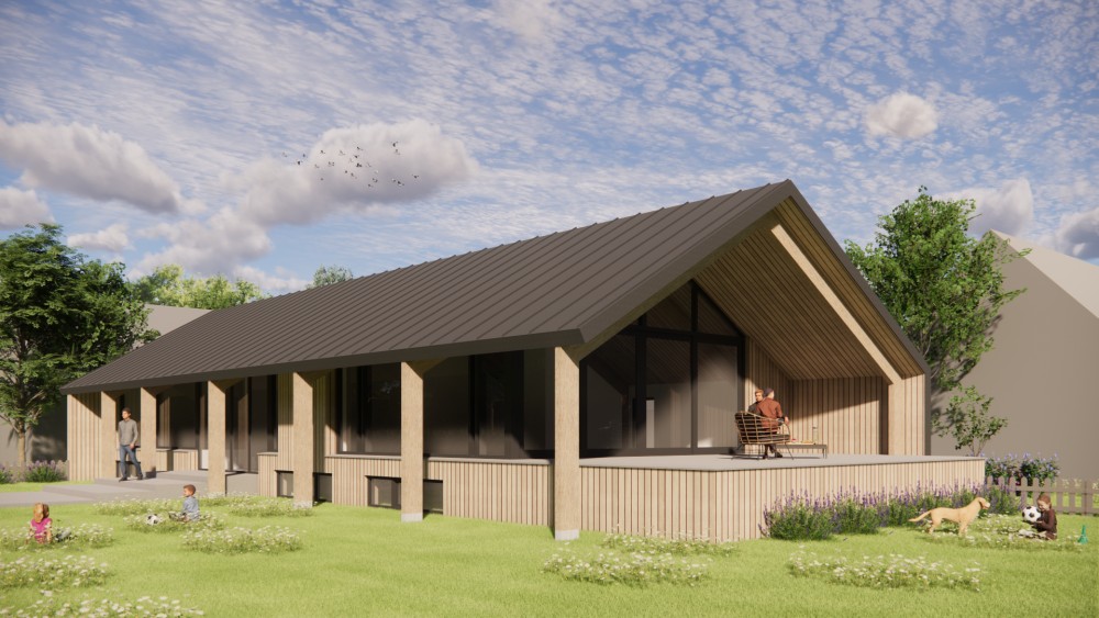 Afbeelding van Moderne schuurwoning met houten gevel felsplaat zadeldak en overstekken - 2202c3a7-8c8a-4379-a1af-02087b9912e4